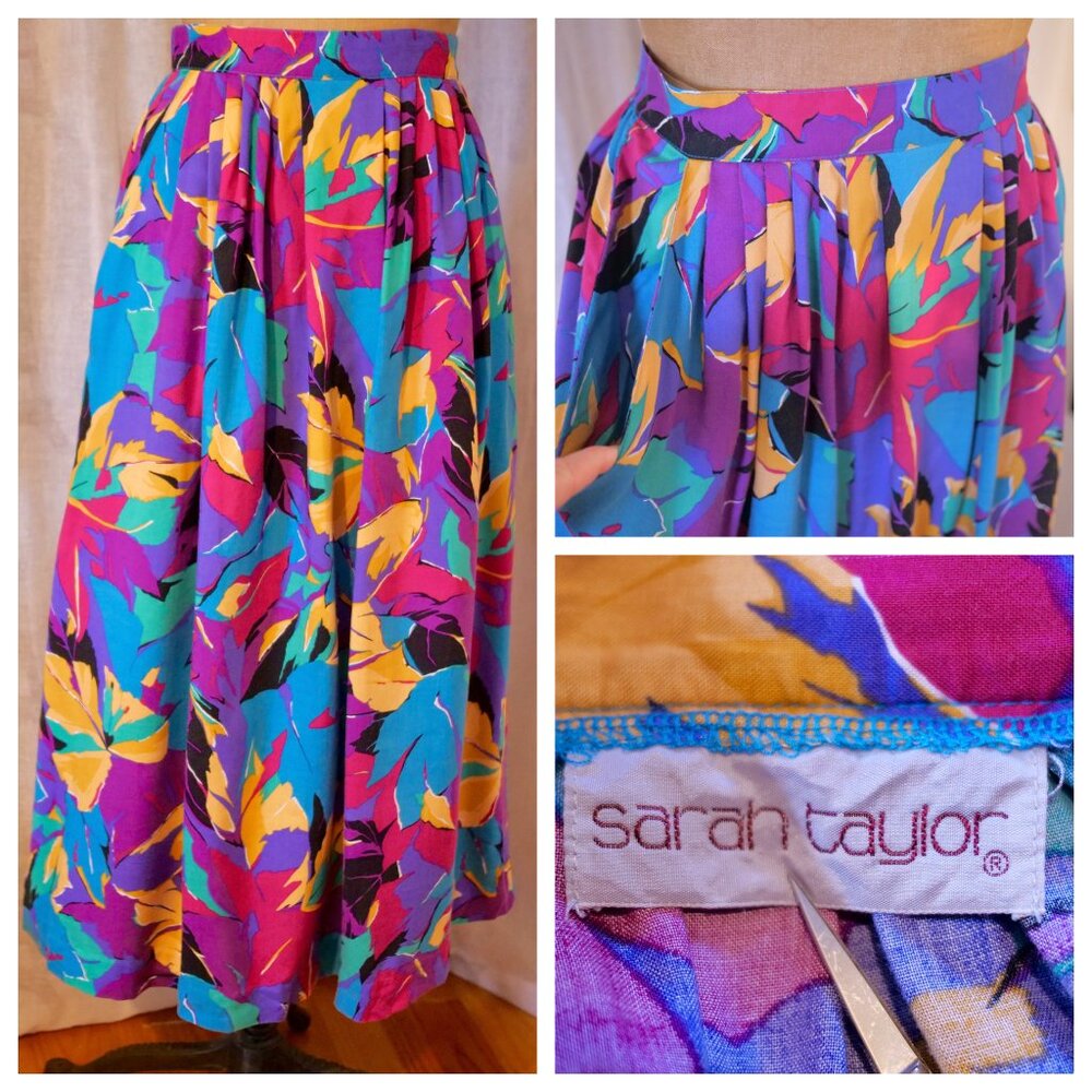 Vintage 80s SARAH TAYLOR Bold Abstract Pleated Skirt Schoolgirl Secretary 9/10